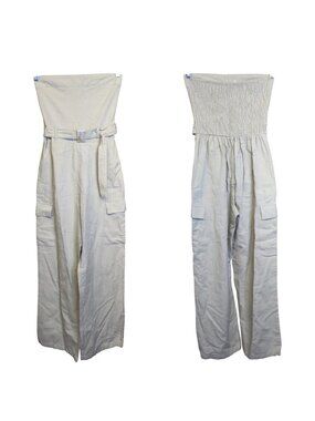 Sim & Sam Beige Strapless Wide Leg Jumpsuit With Belt XS Cotton Linen Blend